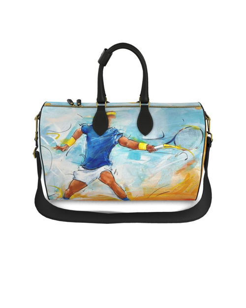 Front view of a designer duffel bag featuring a dynamic watercolor painting of a tennis player in mid-swing on a blue and orange background.