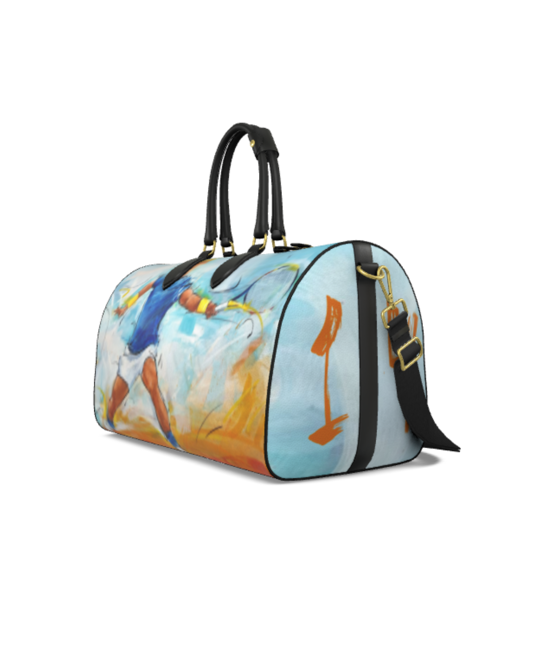 Three-quarter perspective of a designer duffel bag featuring a dynamic watercolor painting of a tennis player in mid-swing on a blue and orange background.