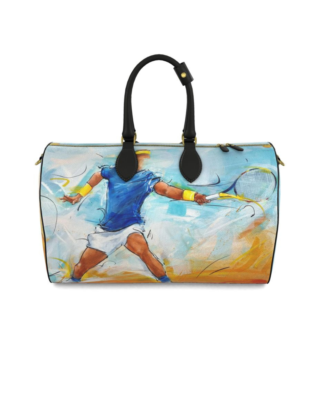 Back view of a designer duffel bag featuring a dynamic watercolor painting of a tennis player in mid-swing on a blue and orange background.