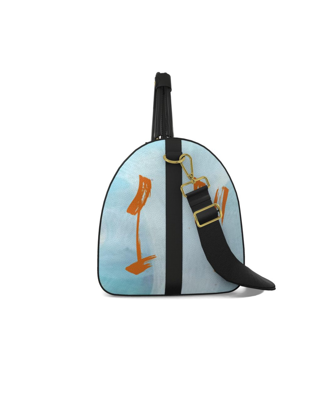 Side view of a luxury duffel bag with abstract orange art, adjustable black shoulder strap, and durable metal clasps.