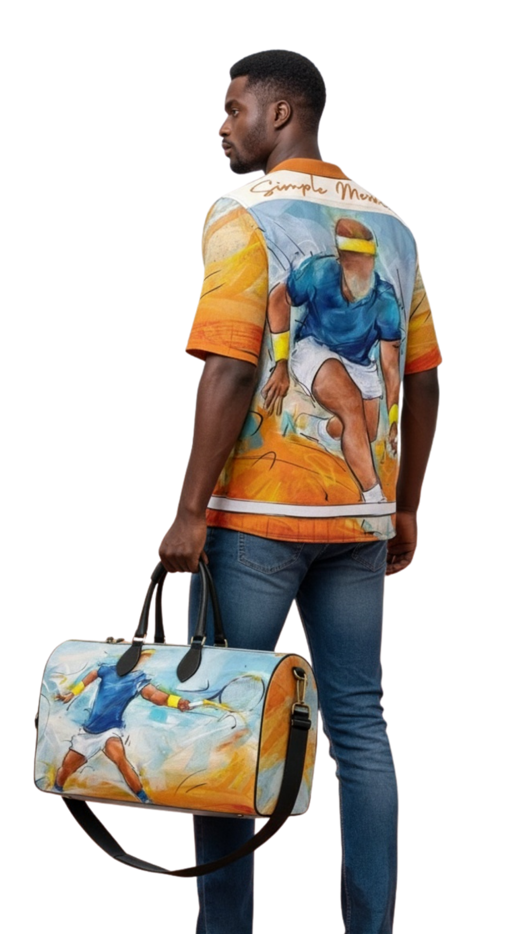 model view of a designer duffel bag featuring a dynamic watercolor painting of a tennis player in mid-swing on a blue and orange background.