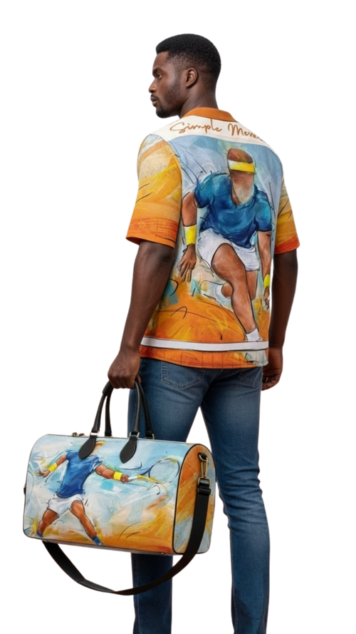 model view of a designer duffel bag featuring a dynamic watercolor painting of a tennis player in mid-swing on a blue and orange background.
